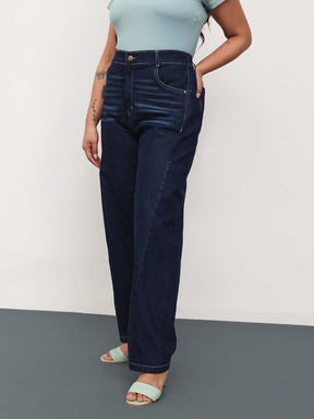 Navy Whisker Denim Side Seam Tapered Fit Jeans-SASSAFRAS Curve