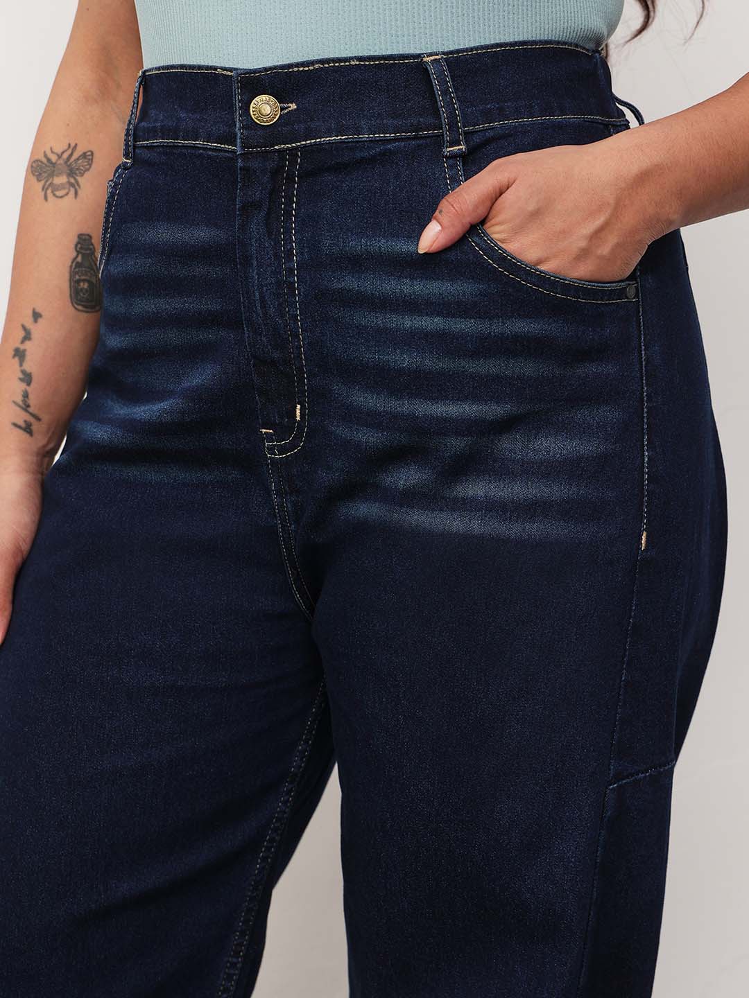 Navy Whisker Denim Side Seam Tapered Fit Jeans-SASSAFRAS Curve
