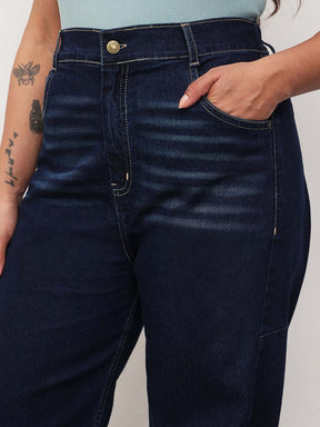 Navy Whisker Denim Side Seam Tapered Fit Jeans-SASSAFRAS Curve