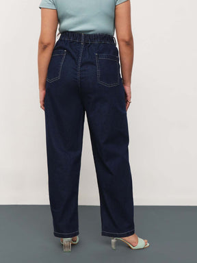 Navy Whisker Denim Side Seam Tapered Fit Jeans-SASSAFRAS Curve