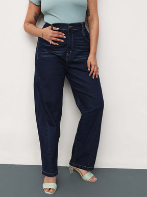 Women Navy Whisker Denim Side Seam Tapered Fit Jeans