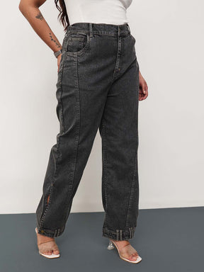 Black Wash Denim Hem Design Basic Straight Jeans -SASSAFRAS Curve