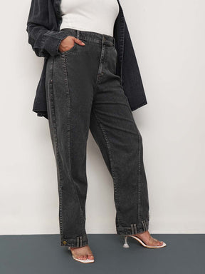 Women Black Wash Denim Hem Design Basic Straight Jeans