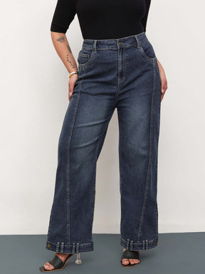 Navy Wash Denim Hem Design Basic Straight Jeans -SASSAFRAS Curve