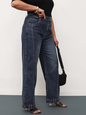 Navy Wash Denim Hem Design Basic Straight Jeans -SASSAFRAS Curve