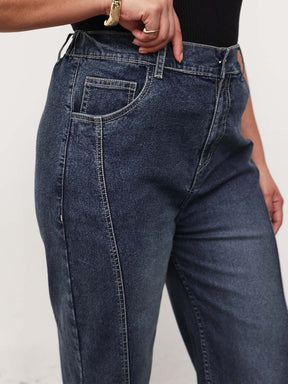 Navy Wash Denim Hem Design Basic Straight Jeans -SASSAFRAS Curve