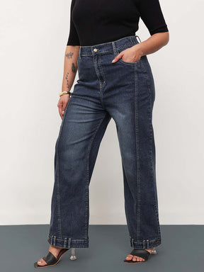 Women Navy Wash Denim Hem Design Basic Straight Jeans