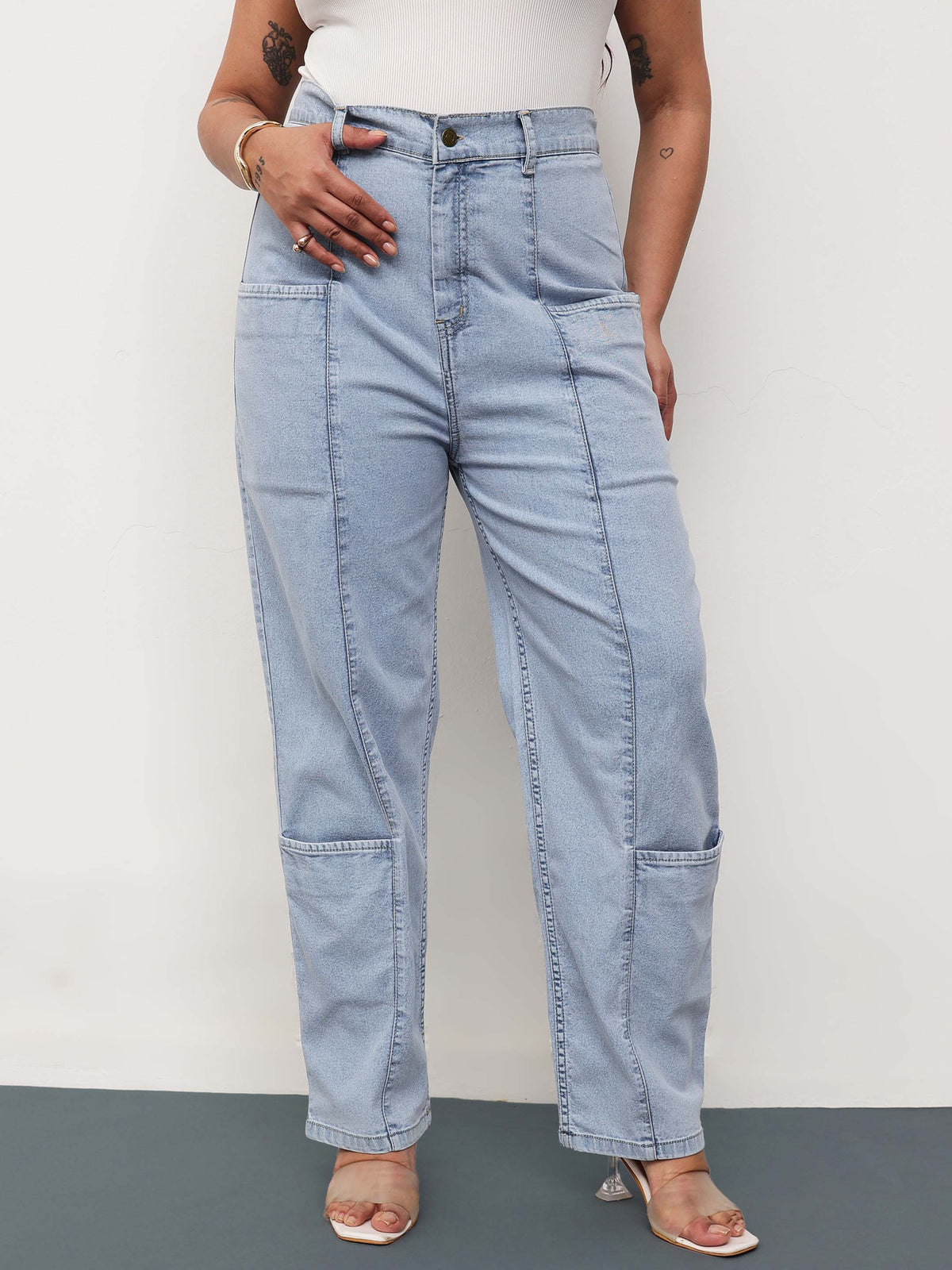 Ice Blue Denim Hem Pocket Tapered Fit Jeans-SASSAFRAS Curve