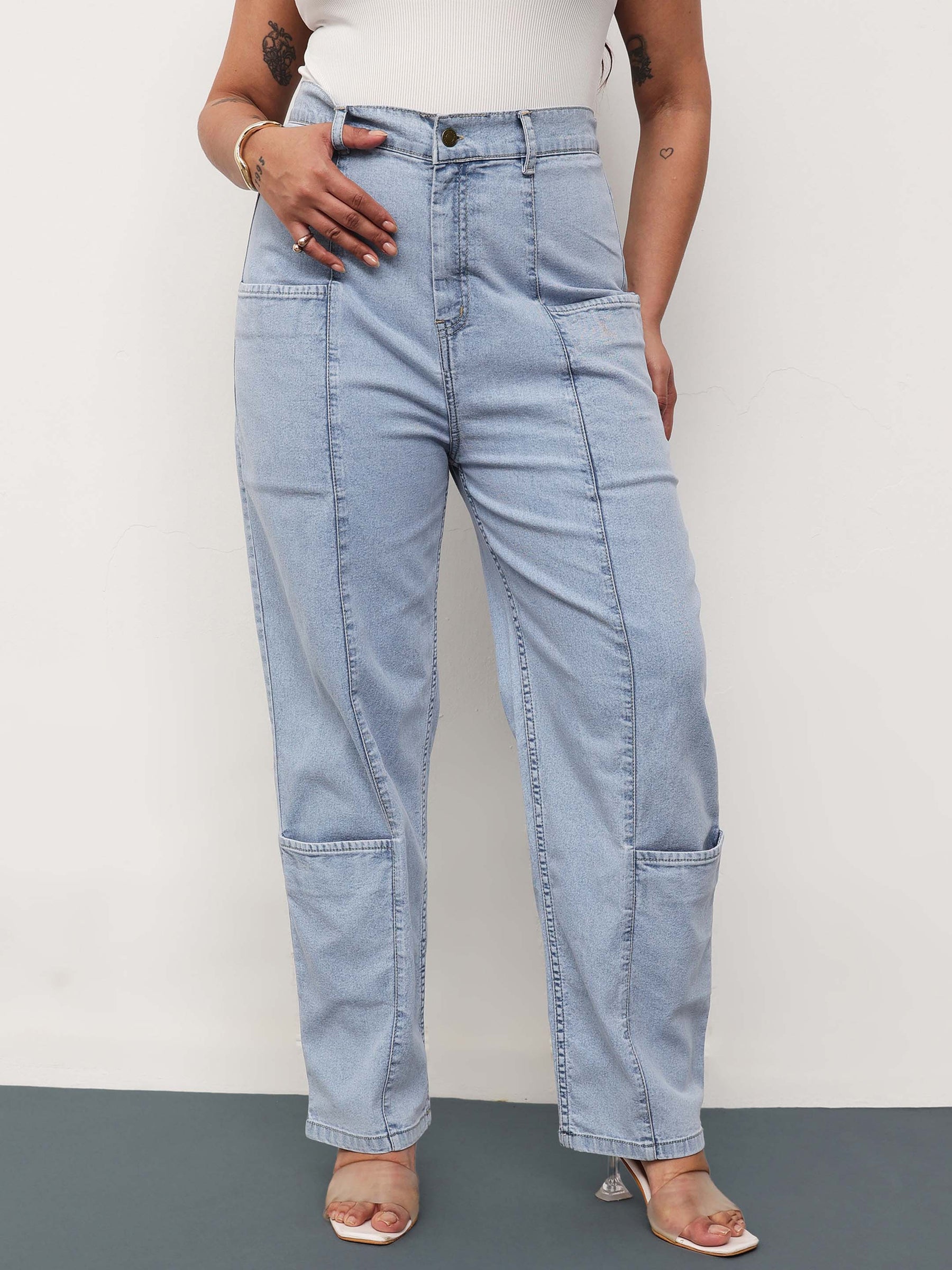 Ice Blue Denim Hem Pocket Tapered Fit Jeans-SASSAFRAS Curve