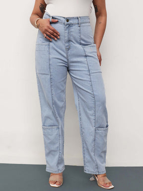 Ice Blue Denim Hem Pocket Tapered Fit Jeans-SASSAFRAS Curve