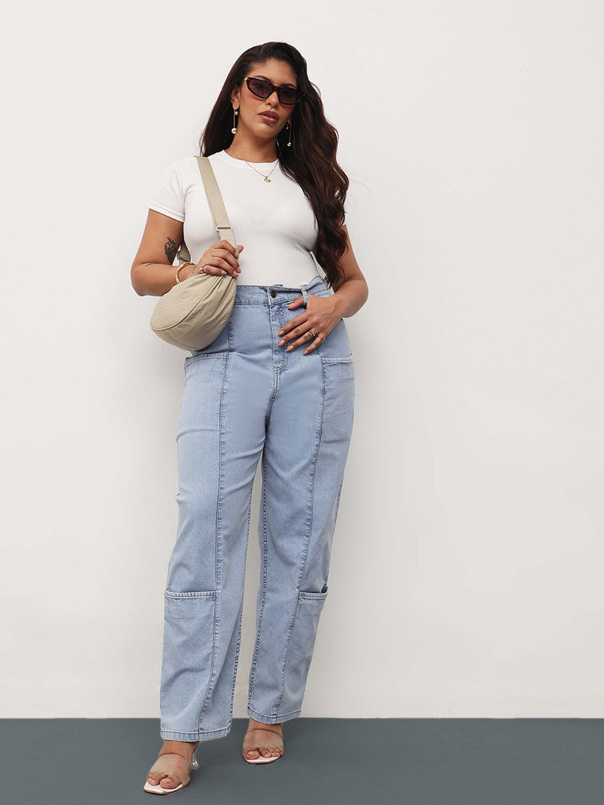 Ice Blue Denim Hem Pocket Tapered Fit Jeans-SASSAFRAS Curve