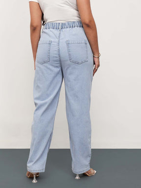 Ice Blue Denim Hem Pocket Tapered Fit Jeans-SASSAFRAS Curve