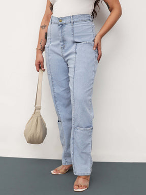 Women Ice Blue Denim Hem Pocket Tapered Fit Jeans
