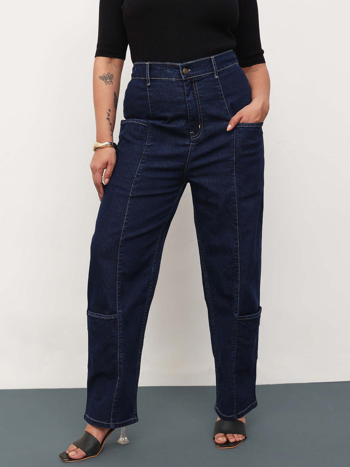 Navy Blue Denim Hem Pocket Tapered Fit Jeans-SASSAFRAS Curve