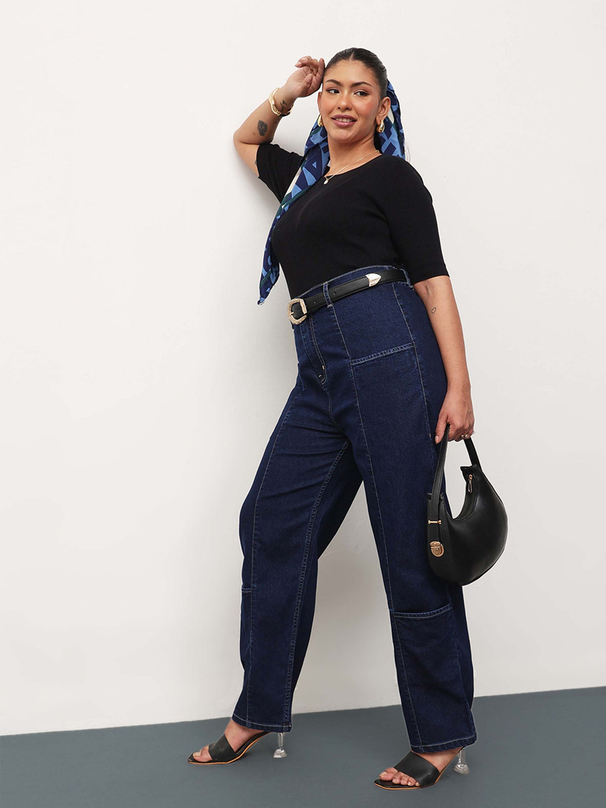 Navy Blue Denim Hem Pocket Tapered Fit Jeans-SASSAFRAS Curve