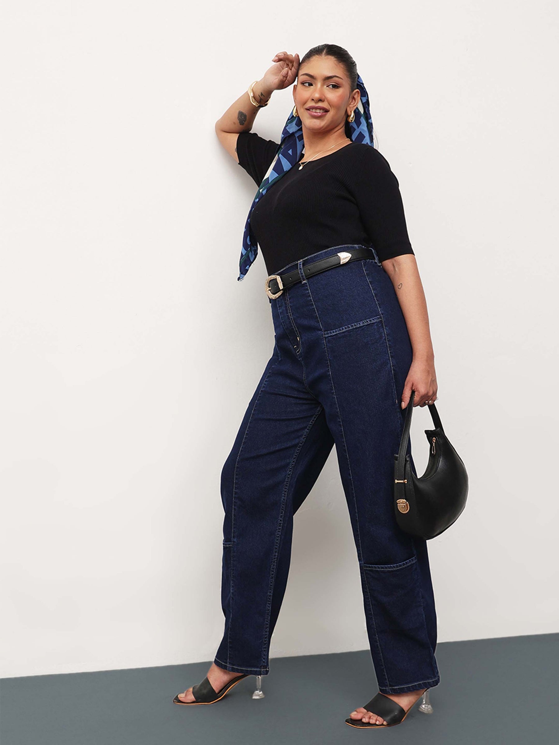 Navy Blue Denim Hem Pocket Tapered Fit Jeans-SASSAFRAS Curve