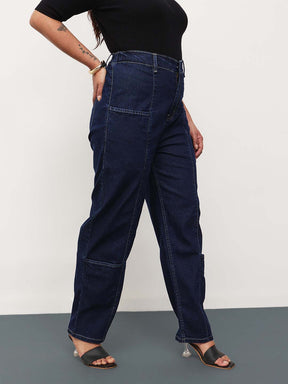 Navy Blue Denim Hem Pocket Tapered Fit Jeans-SASSAFRAS Curve