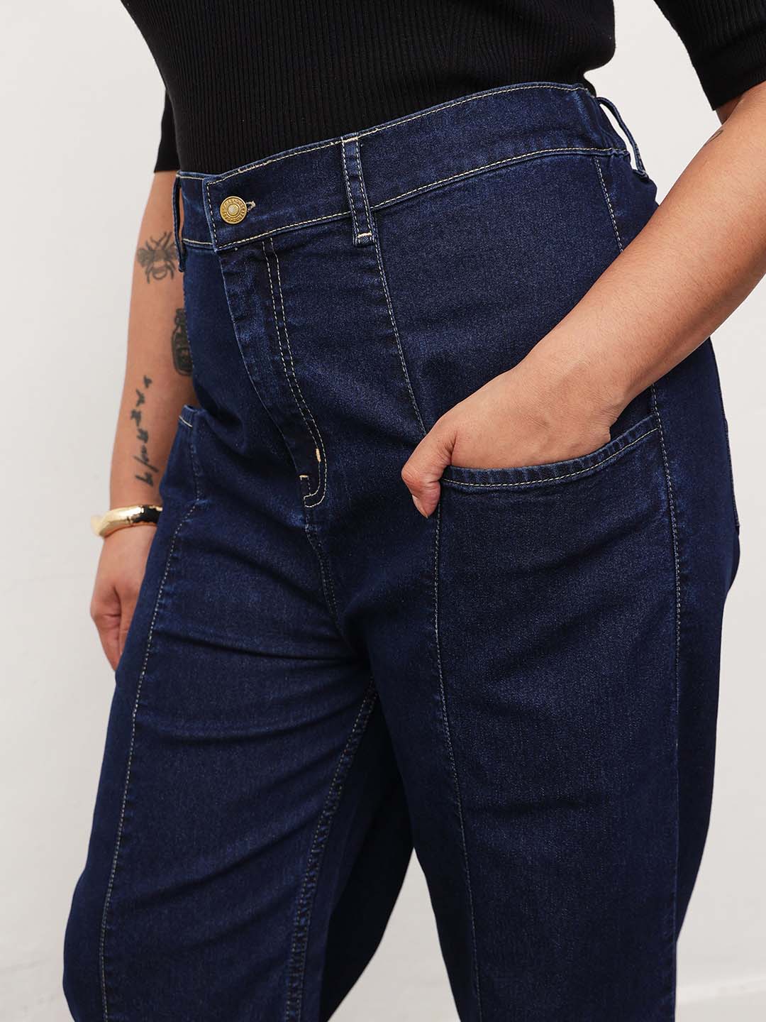 Navy Blue Denim Hem Pocket Tapered Fit Jeans-SASSAFRAS Curve