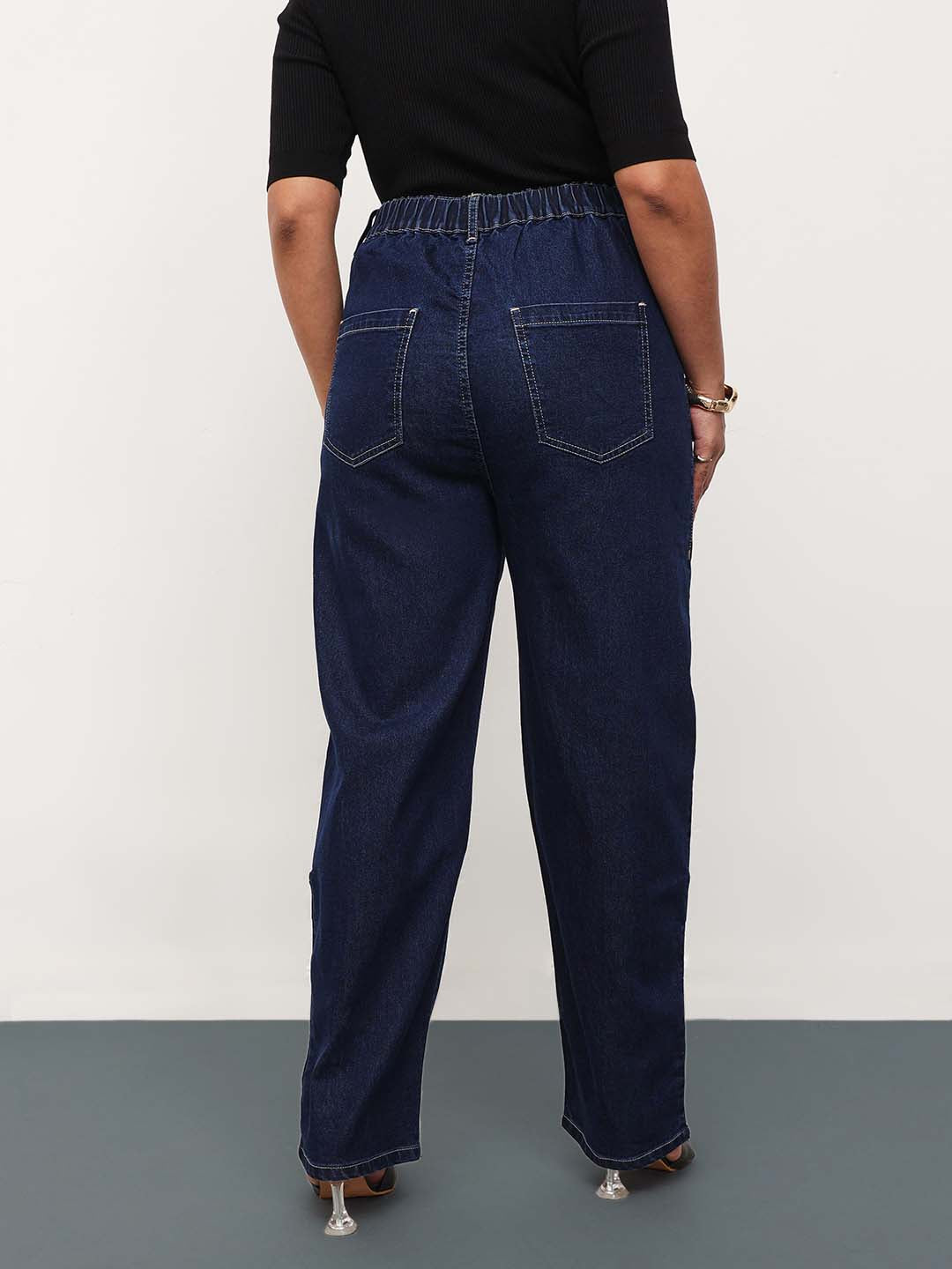 Navy Blue Denim Hem Pocket Tapered Fit Jeans-SASSAFRAS Curve