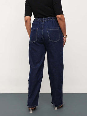 Navy Blue Denim Hem Pocket Tapered Fit Jeans-SASSAFRAS Curve