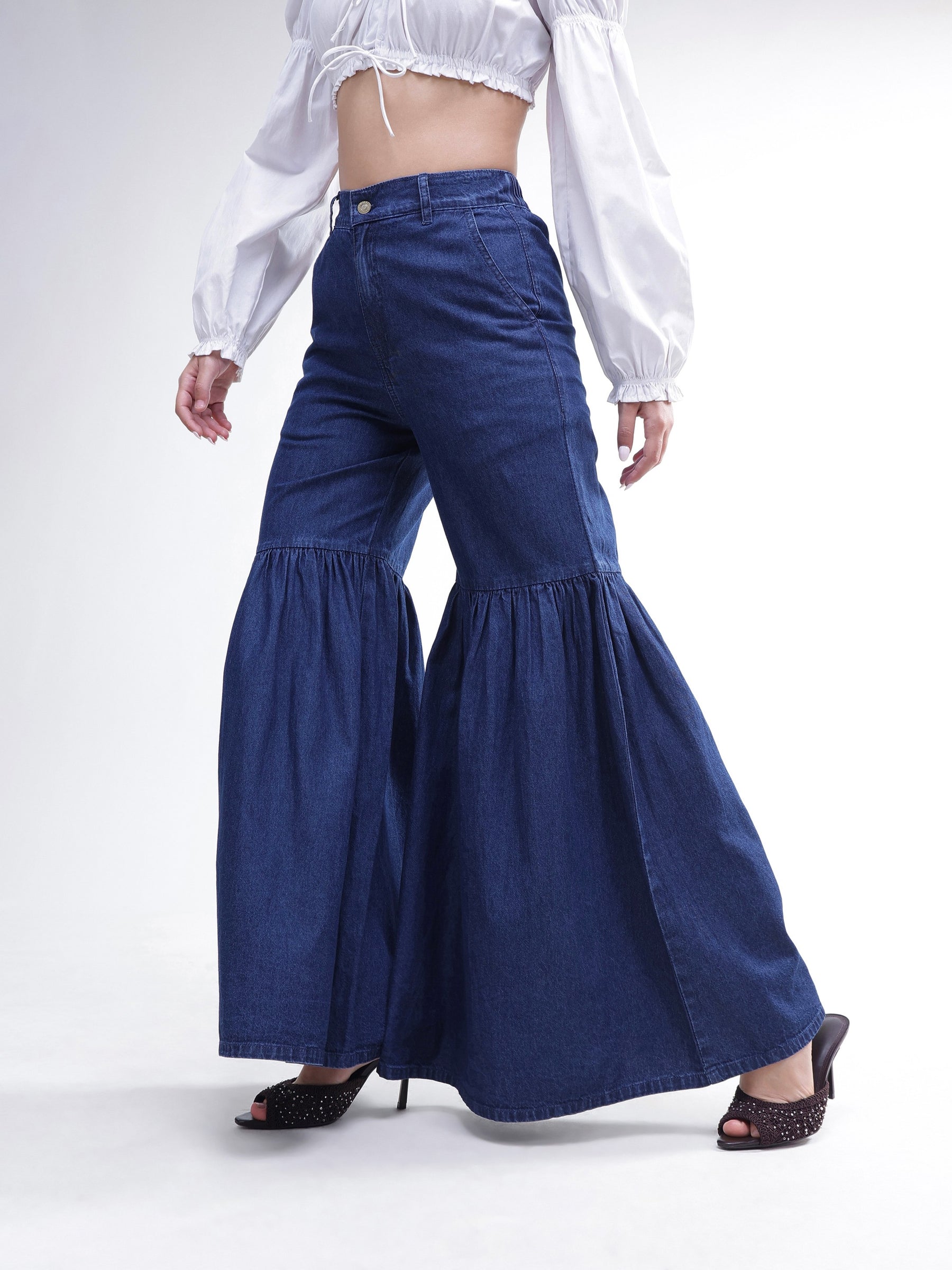 Blue Tencel Gathered High-Rise Jeans-SASSAFRAS