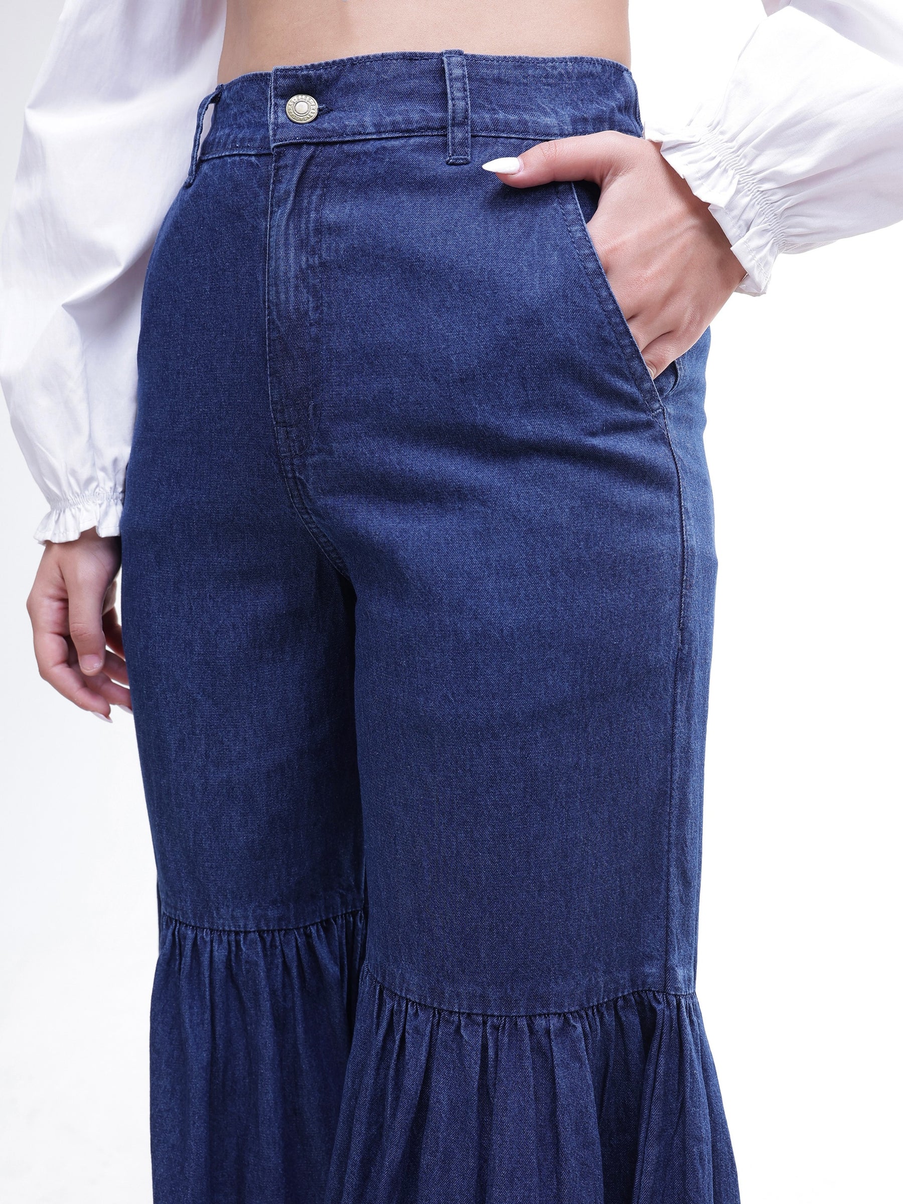 Blue Tencel Gathered High-Rise Jeans-SASSAFRAS