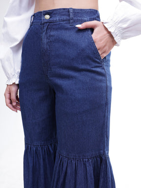 Blue Tencel Gathered High-Rise Jeans-SASSAFRAS