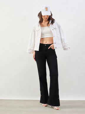 Jet Black Button-at-Hem Boot Cut Jeans-SASSAFRAS BASICS