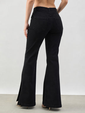 Women Jet Black Button-at-Hem Boot Cut Jeans