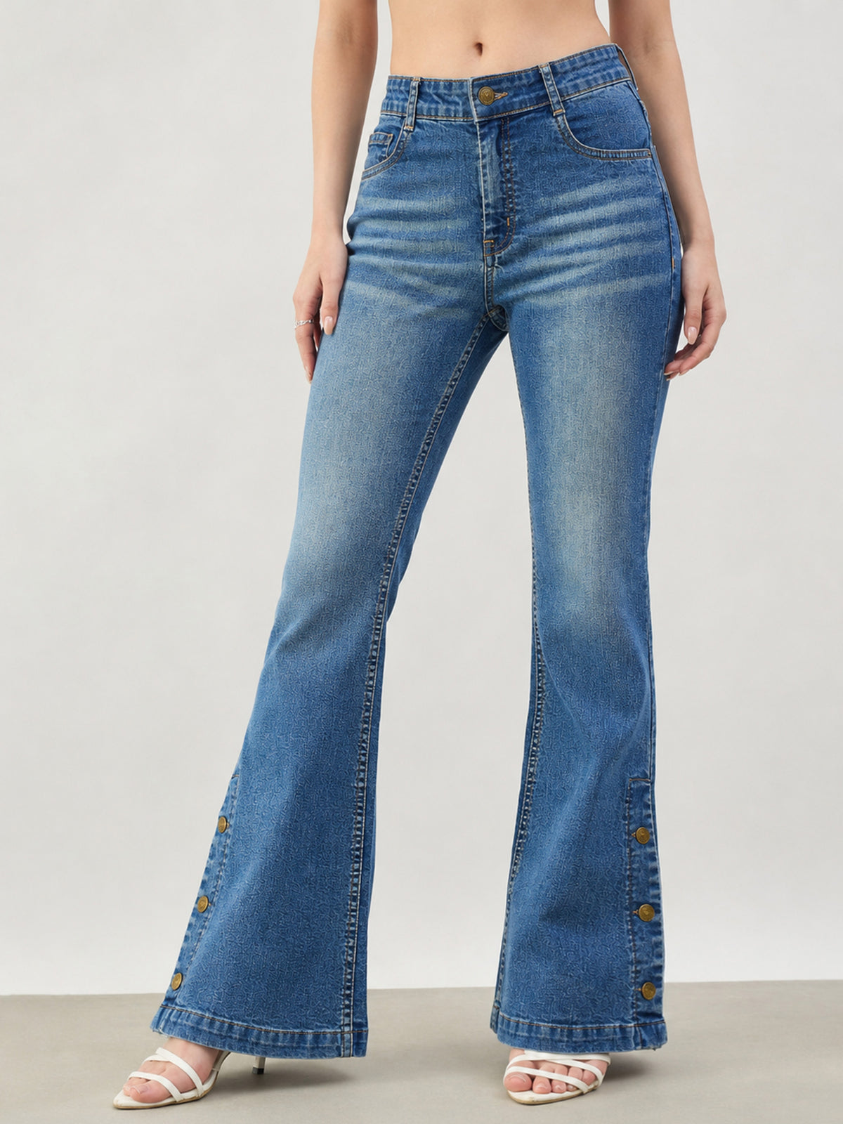 Blue Whisker Button-at-Hem Boot Cut Jeans-SASSAFRAS BASICS