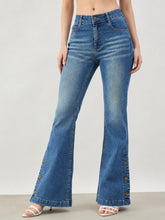 Blue Whisker Button-at-Hem Boot Cut Jeans-SASSAFRAS BASICS