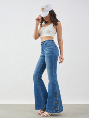Blue Whisker Button-at-Hem Boot Cut Jeans-SASSAFRAS BASICS