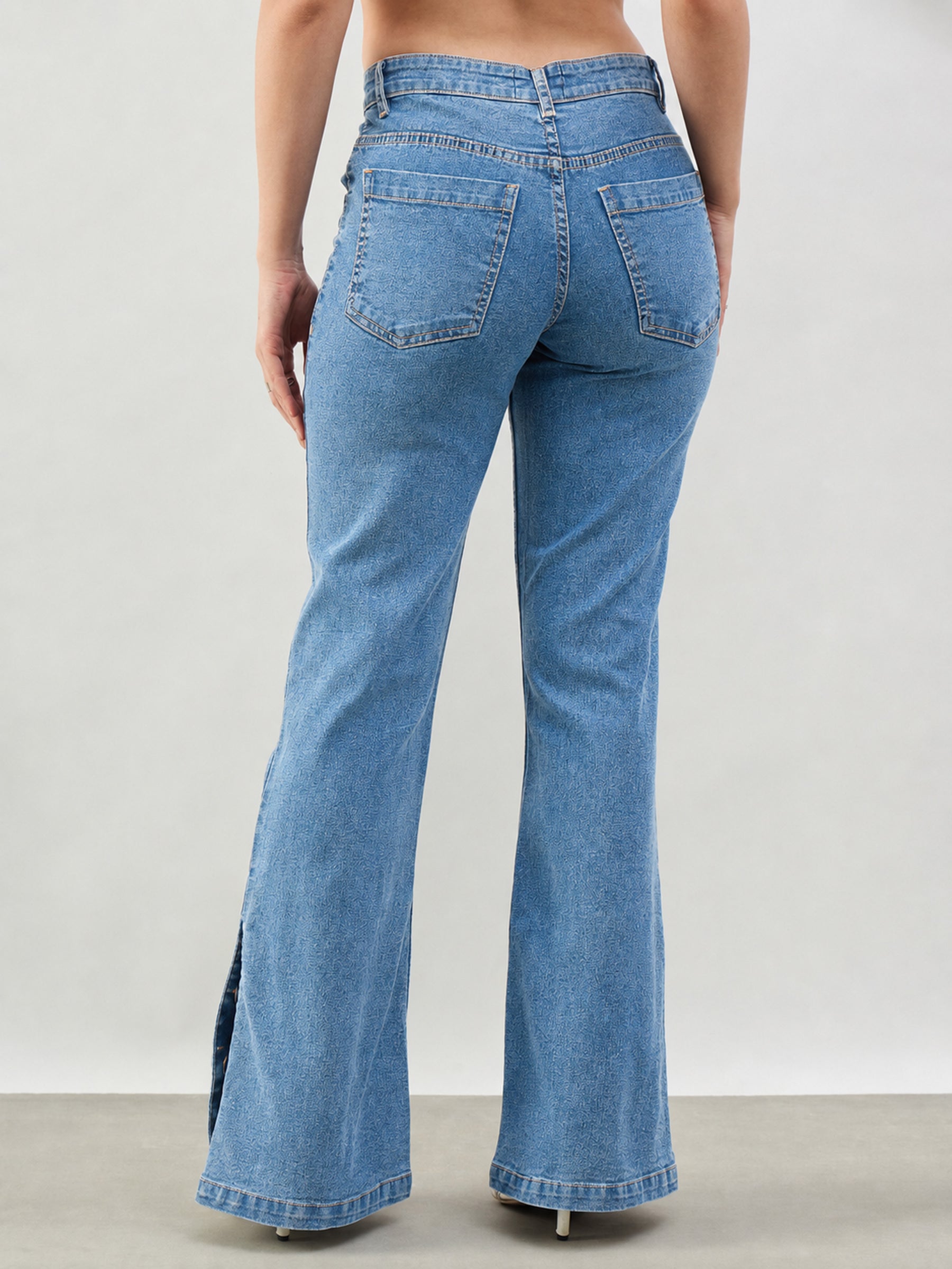 Women Blue Whisker Button-at-Hem Boot Cut Jeans