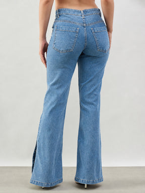 Women Blue Whisker Button-at-Hem Boot Cut Jeans