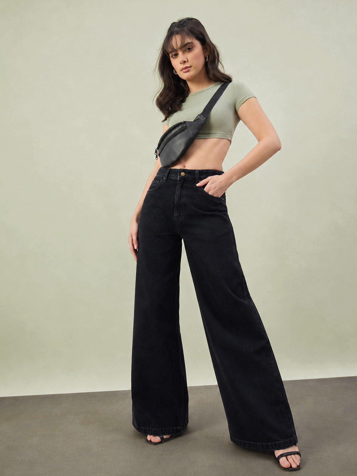 Jet Black Low Waist Wide Leg Jeans -SASSAFRAS BASICS