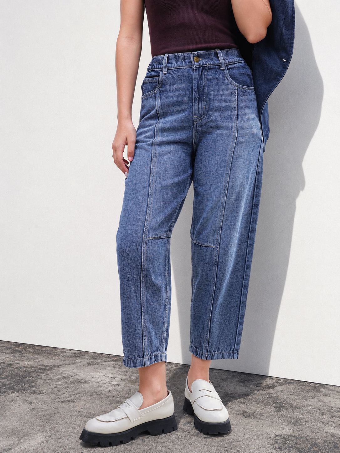 Light Blue Wash Whisker Front Seam Balloon Fit Jeans-SASSAFRAS BASICS