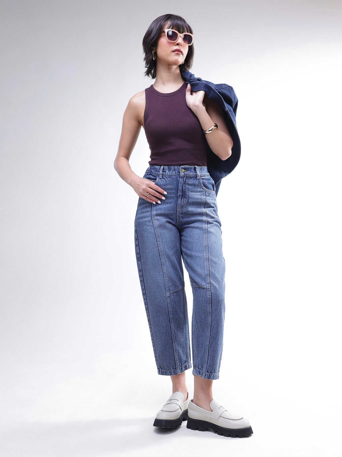 Light Blue Wash Whisker Front Seam Balloon Fit Jeans-SASSAFRAS BASICS