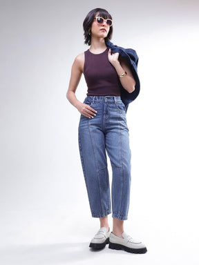 Light Blue Wash Whisker Front Seam Balloon Fit Jeans-SASSAFRAS BASICS