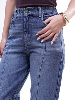 Women Light Blue Wash Whisker Front Seam Balloon Fit Jeans