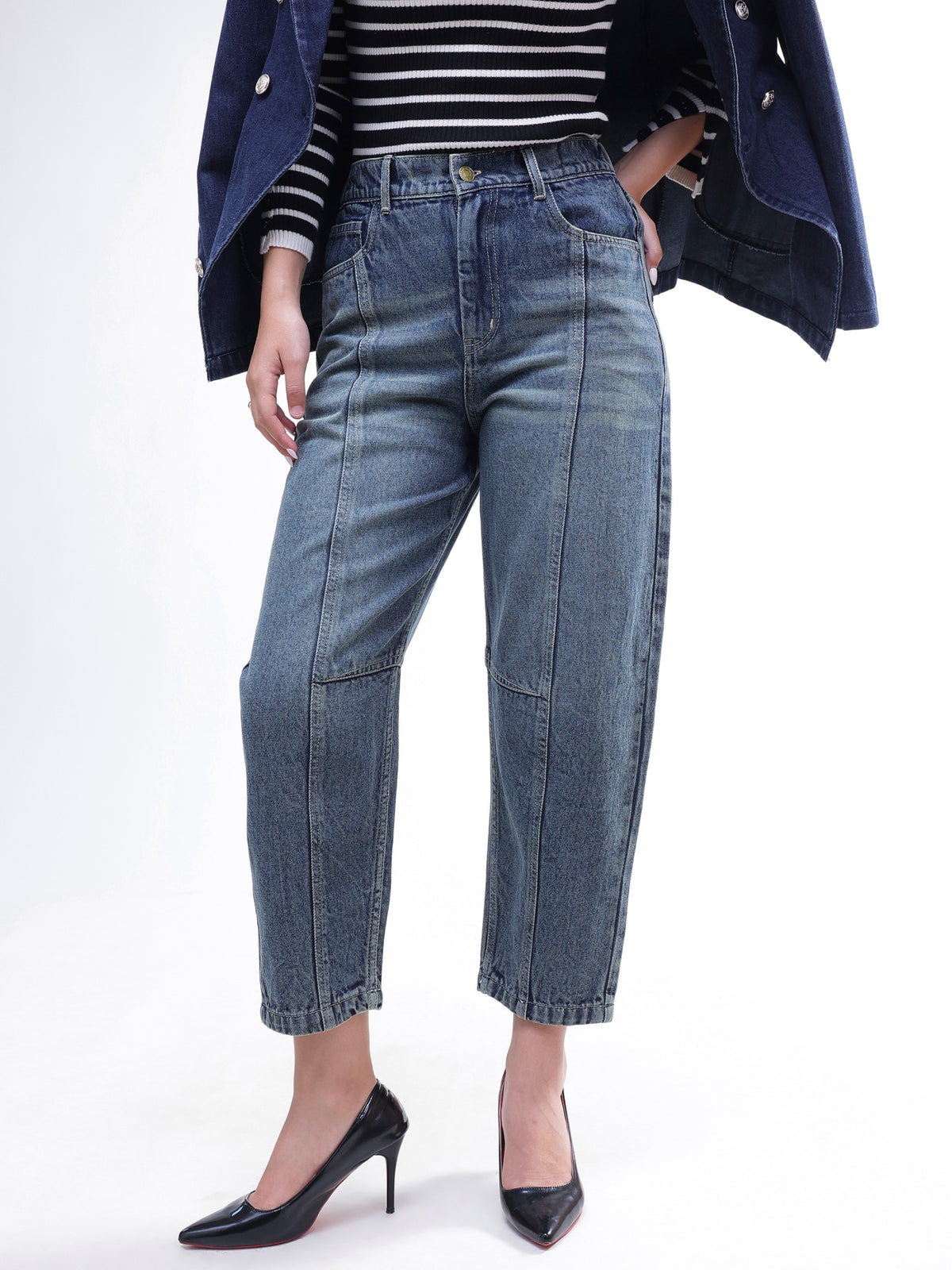 Blue Wash Whisker Front Seam Balloon Fit Jeans-SASSAFRAS BASICS