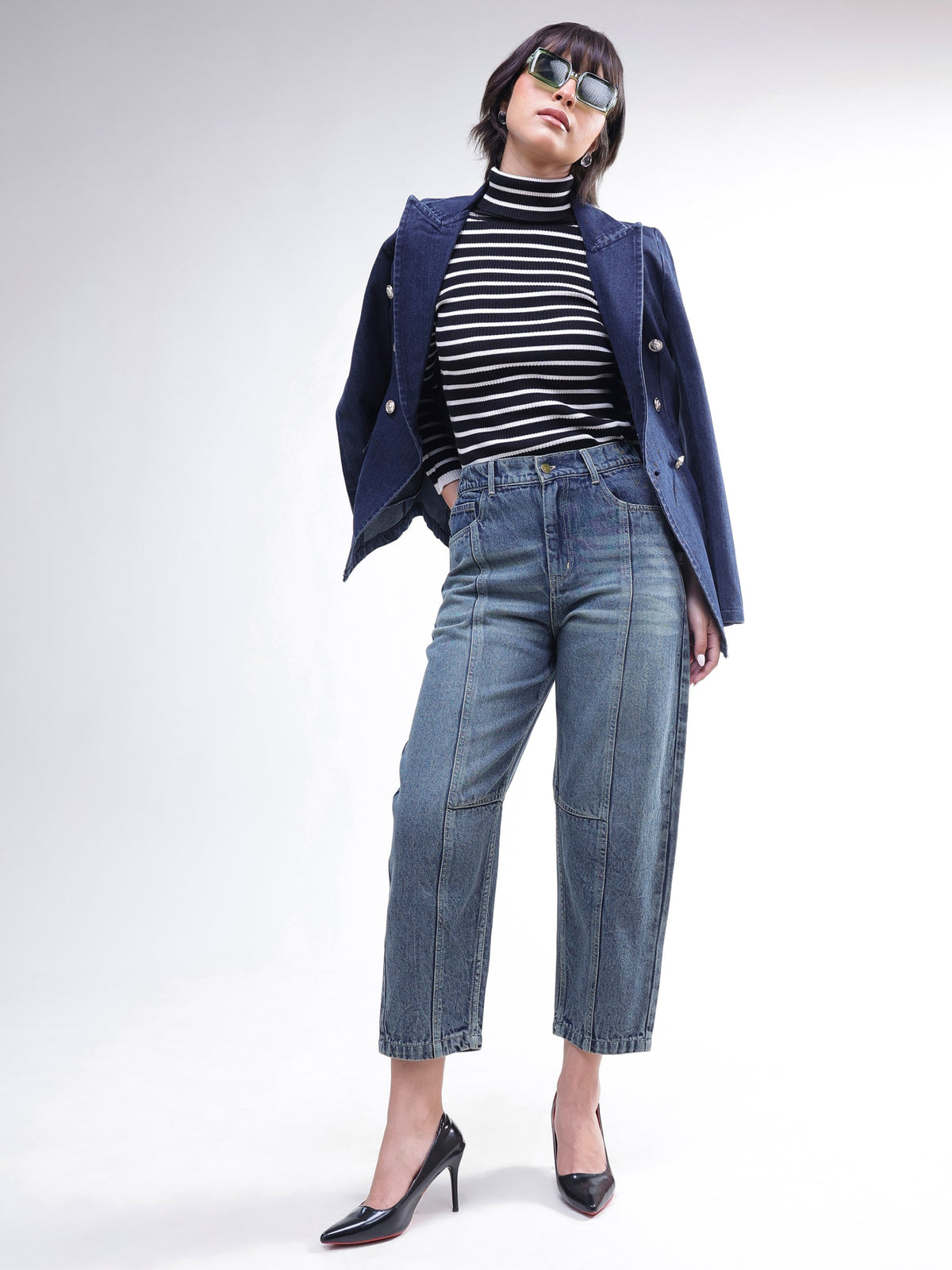 Blue Wash Whisker Front Seam Balloon Fit Jeans-SASSAFRAS BASICS