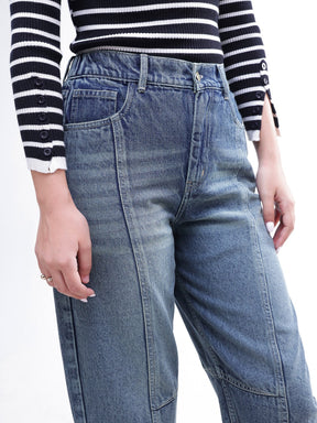 Blue Wash Whisker Front Seam Balloon Fit Jeans-SASSAFRAS BASICS