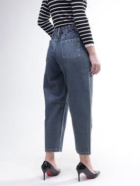 Women Blue Wash Whisker Front Seam Balloon Fit Jeans