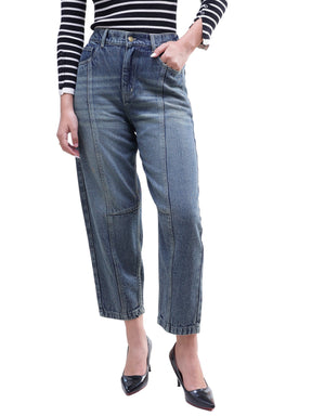 Women Blue Wash Whisker Front Seam Balloon Fit Jeans