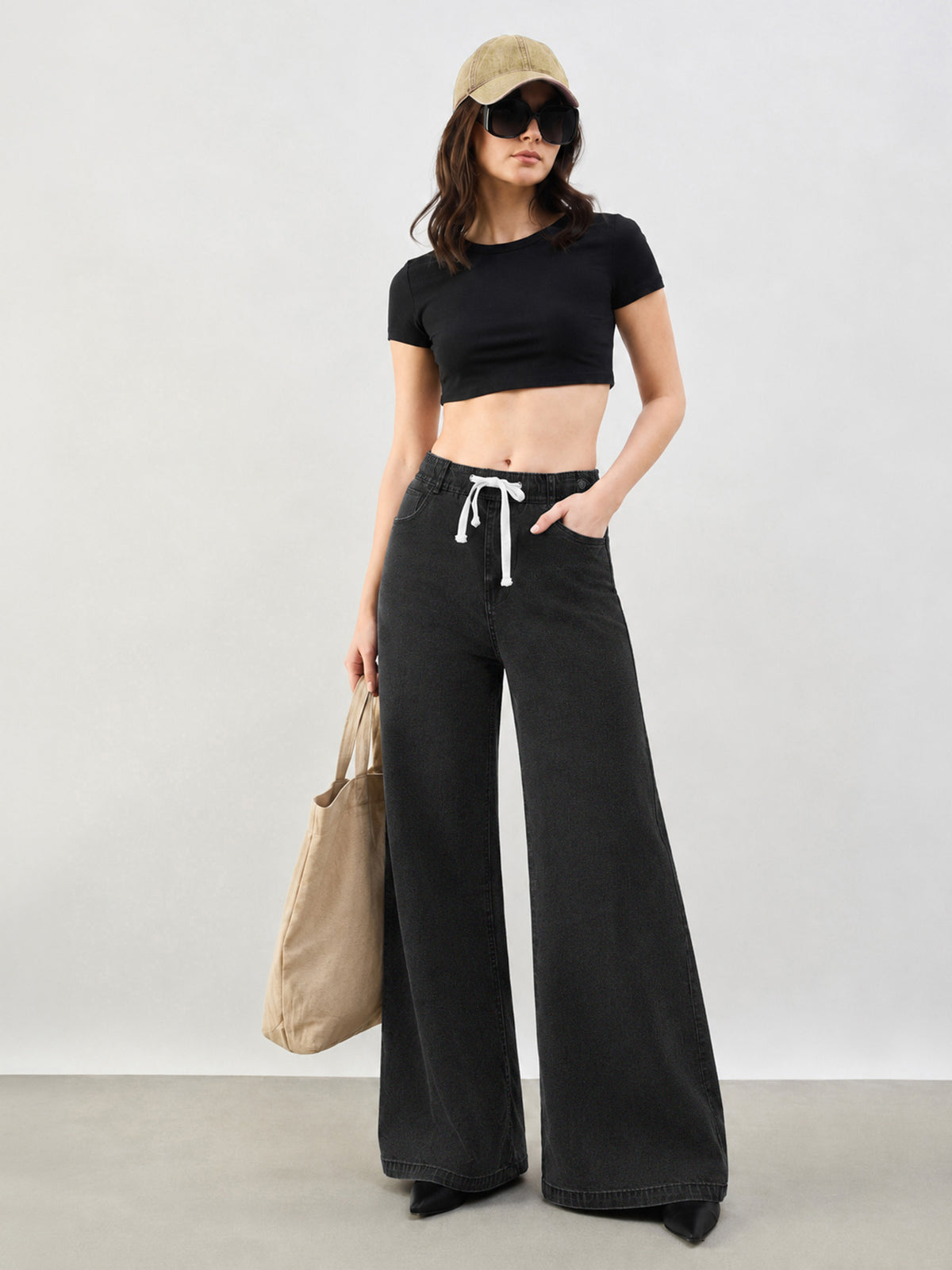 Black Baggy Drawstring Jeans-SASSAFRAS BASICS