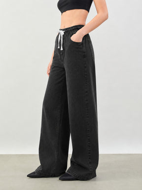 Black Baggy Drawstring Jeans-SASSAFRAS BASICS