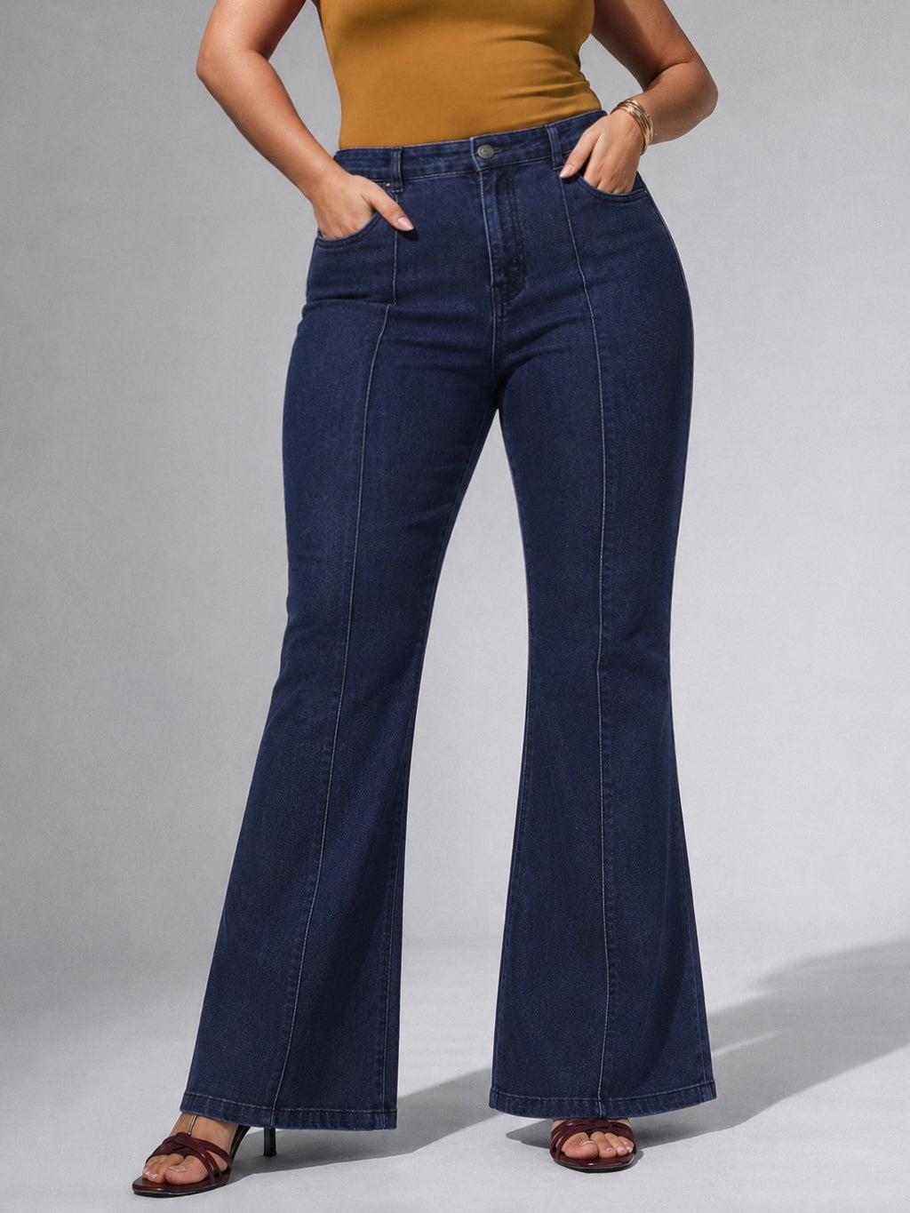 Navy Denim Bell Bottom Jeans-SASSAFRAS Curve