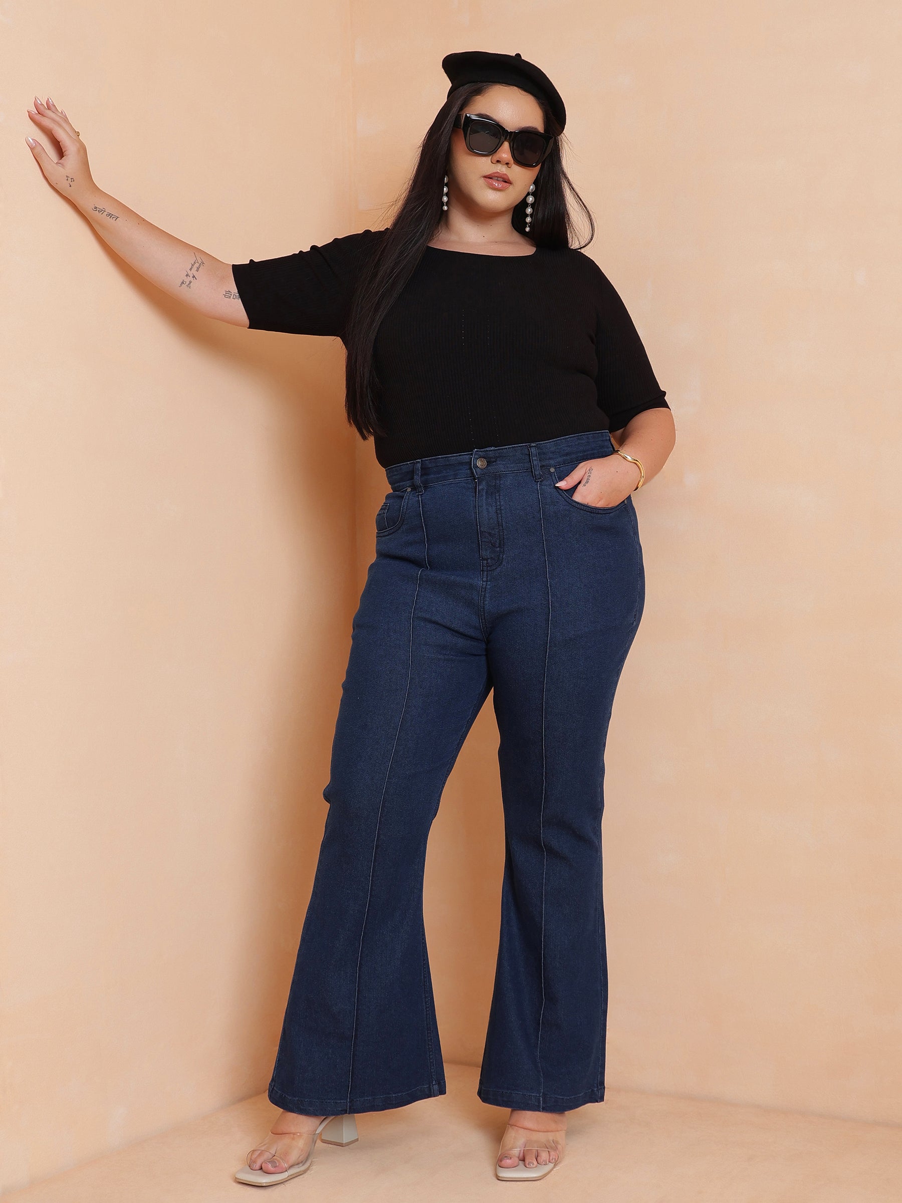 Navy Denim Bell Bottom Jeans-SASSAFRAS Curve