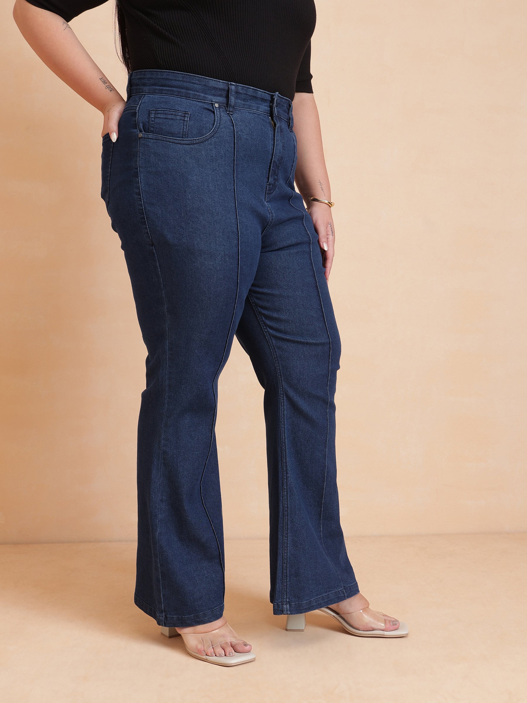 Navy Denim Bell Bottom Jeans-SASSAFRAS Curve