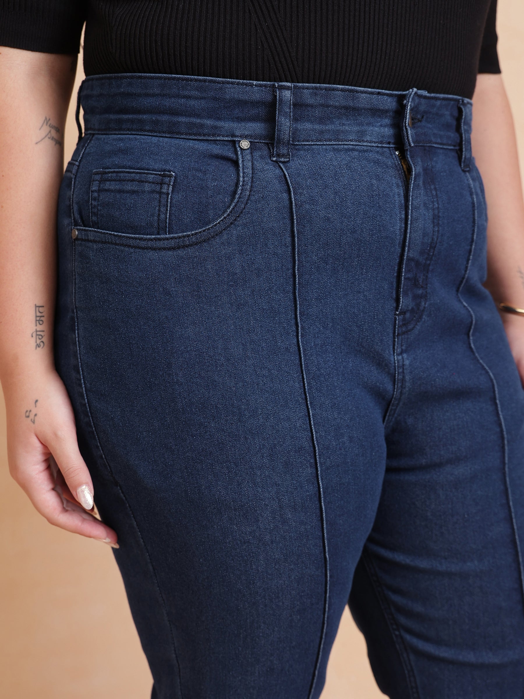 Navy Denim Bell Bottom Jeans-SASSAFRAS Curve